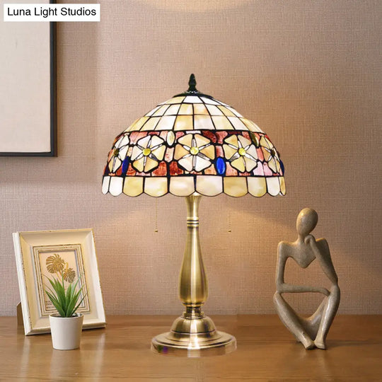 Mediterranean Shell Flower-Belt Table Lamp: 2-Light Brushed Brass Night Stand Light With Pull Chain