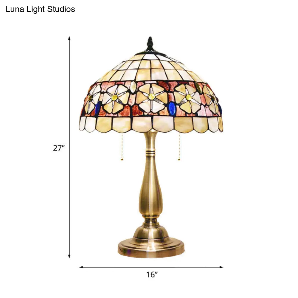 Mediterranean Shell Flower-Belt Table Lamp: 2-Light Brushed Brass Night Stand Light With Pull Chain