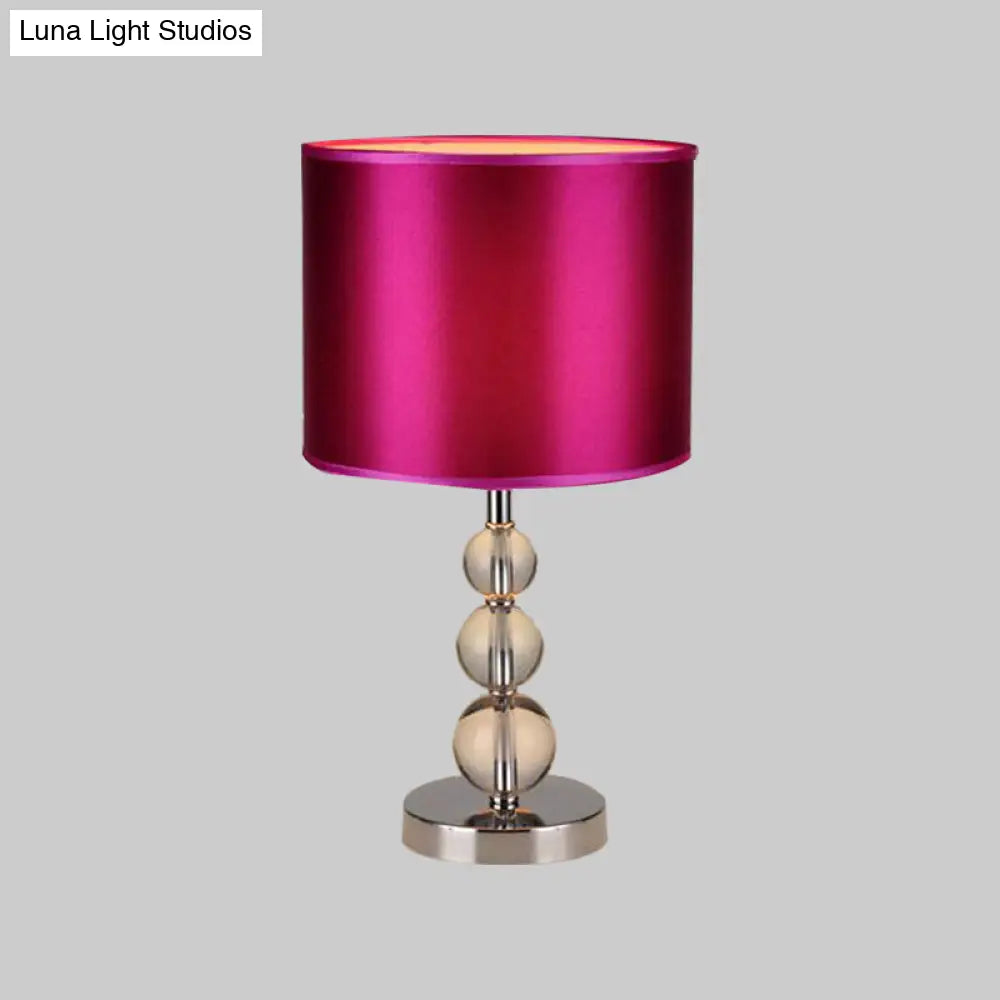 Purple Fabric Nightstand Lamp With Clear Crystal Orbs - Traditional Cylinder Shaded Table Light