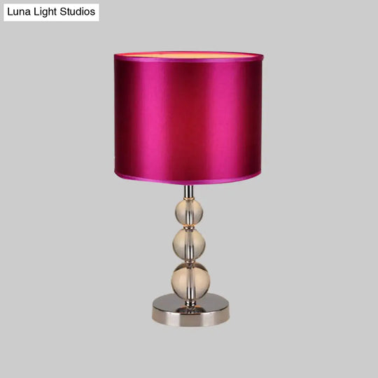 Purple Fabric Nightstand Lamp With Clear Crystal Orbs - Traditional Cylinder Shaded Table Light