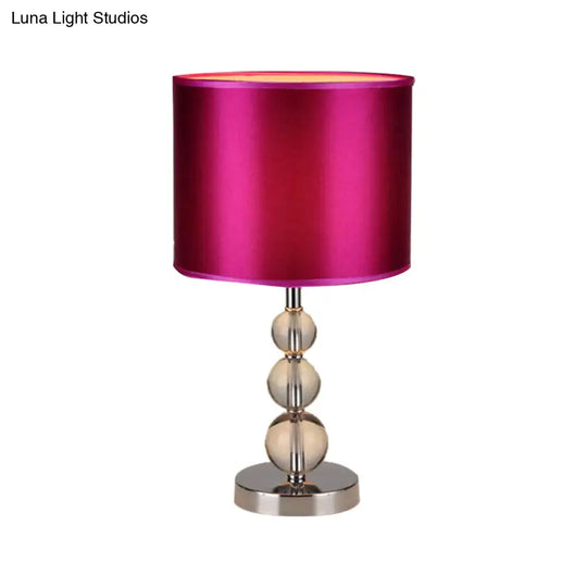 Purple Fabric Nightstand Lamp With Clear Crystal Orbs - Traditional Cylinder Shaded Table Light