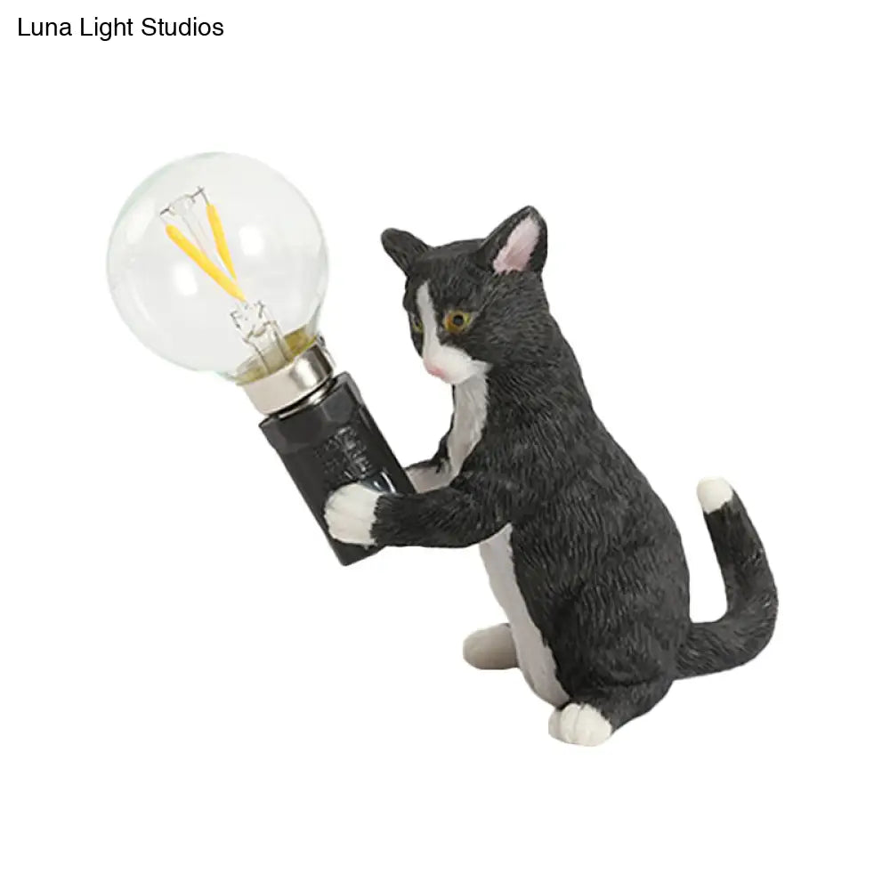 Tabby Cat Table Lamp For Kids - Iron Nightstand Light With Bare Bulb Design Black/Yellow/Blue