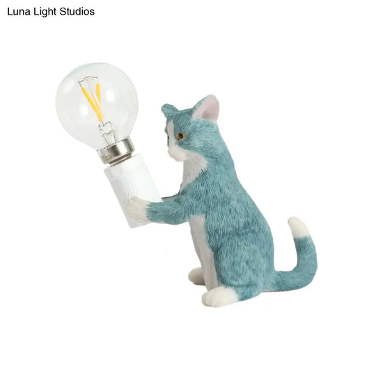 Tabby Cat Table Lamp For Kids - Iron Nightstand Light With Bare Bulb Design Black/Yellow/Blue