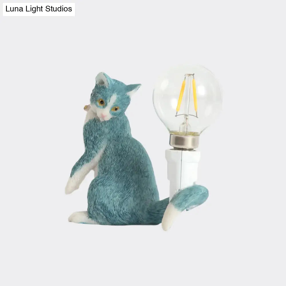 Tabby Cat Table Lamp For Kids - Iron Nightstand Light With Bare Bulb Design Black/Yellow/Blue