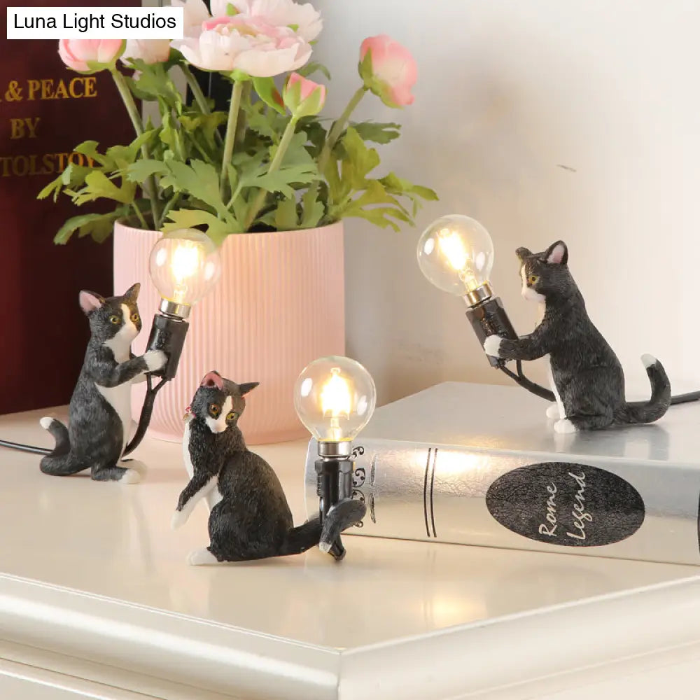 Tabby Cat Table Lamp For Kids - Iron Nightstand Light With Bare Bulb Design Black/Yellow/Blue