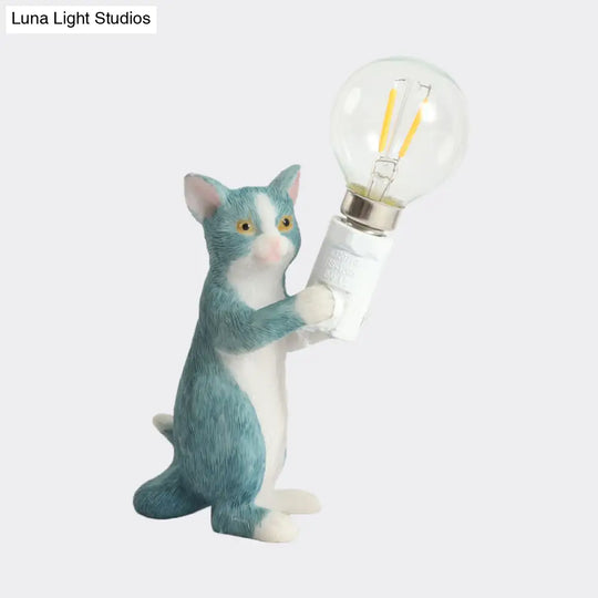 Tabby Cat Table Lamp For Kids - Iron Nightstand Light With Bare Bulb Design Black/Yellow/Blue