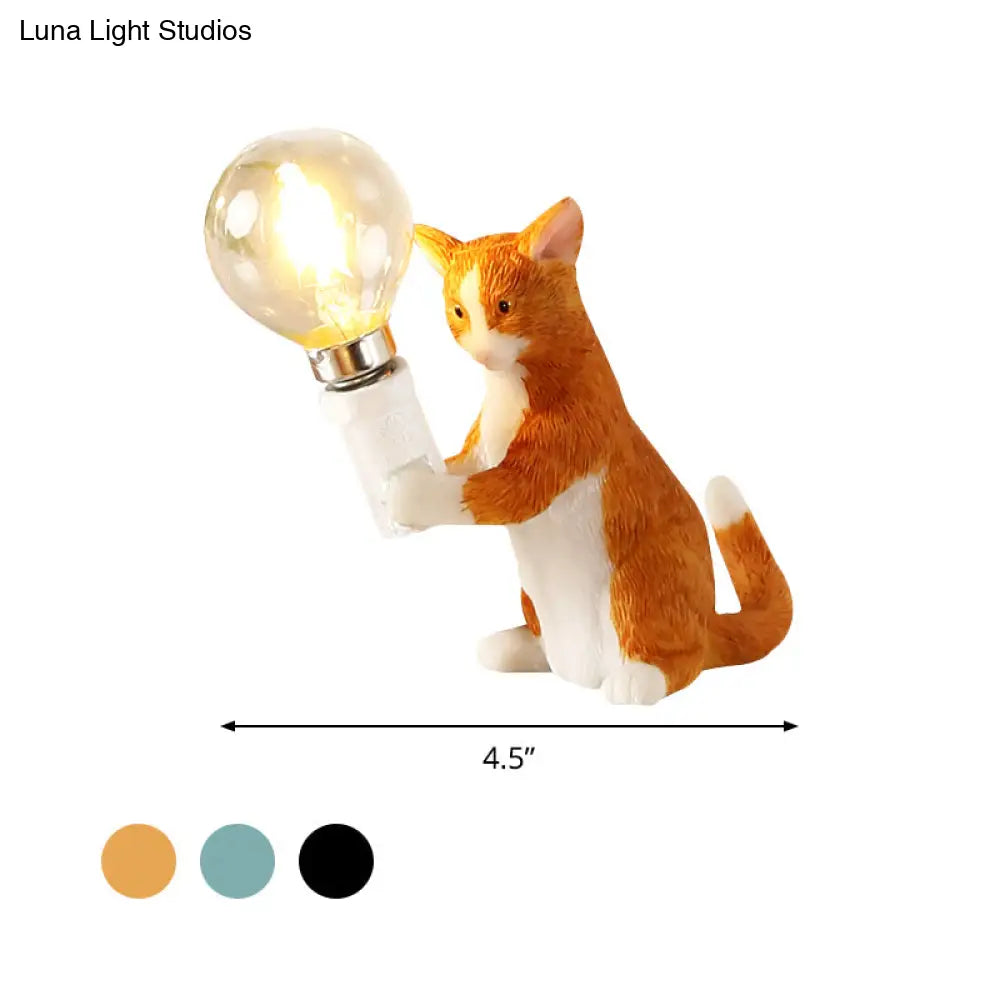 Tabby Cat Table Lamp For Kids - Iron Nightstand Light With Bare Bulb Design Black/Yellow/Blue