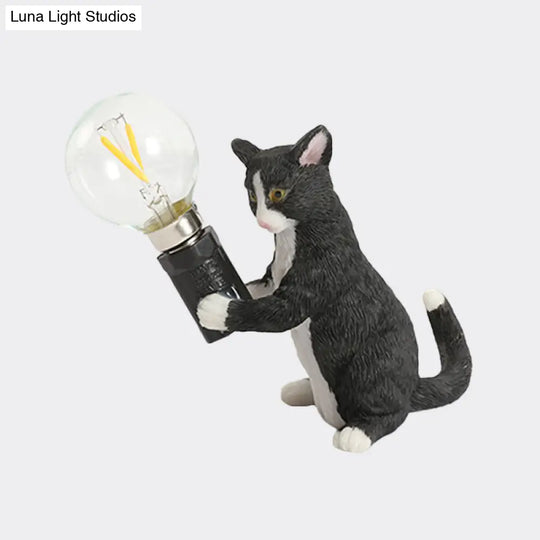 Tabby Cat Table Lamp For Kids - Iron Nightstand Light With Bare Bulb Design Black/Yellow/Blue