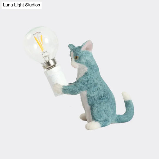 Tabby Cat Table Lamp For Kids - Iron Nightstand Light With Bare Bulb Design Black/Yellow/Blue