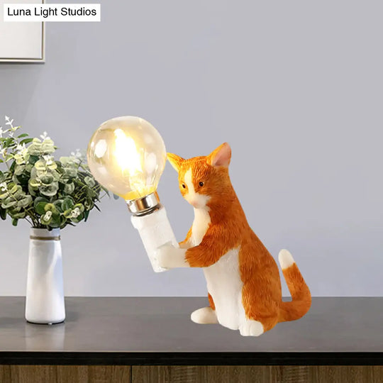 Tabby Cat Table Lamp For Kids - Iron Nightstand Light With Bare Bulb Design Black/Yellow/Blue