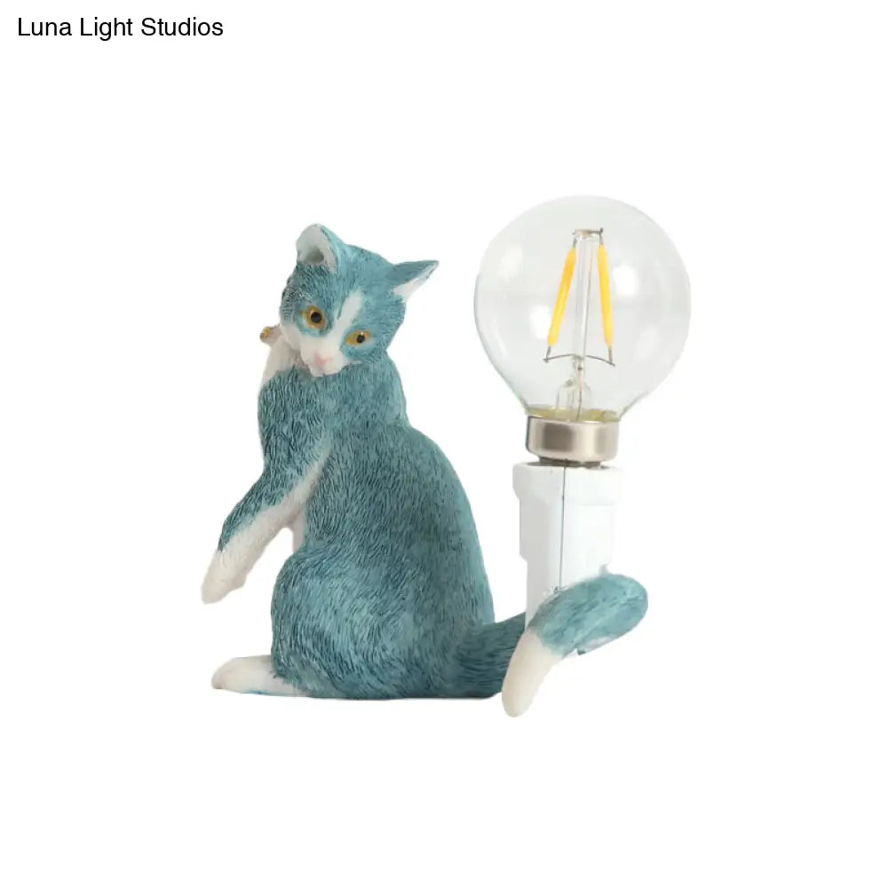 Tabby Cat Table Lamp For Kids - Iron Nightstand Light With Bare Bulb Design Black/Yellow/Blue