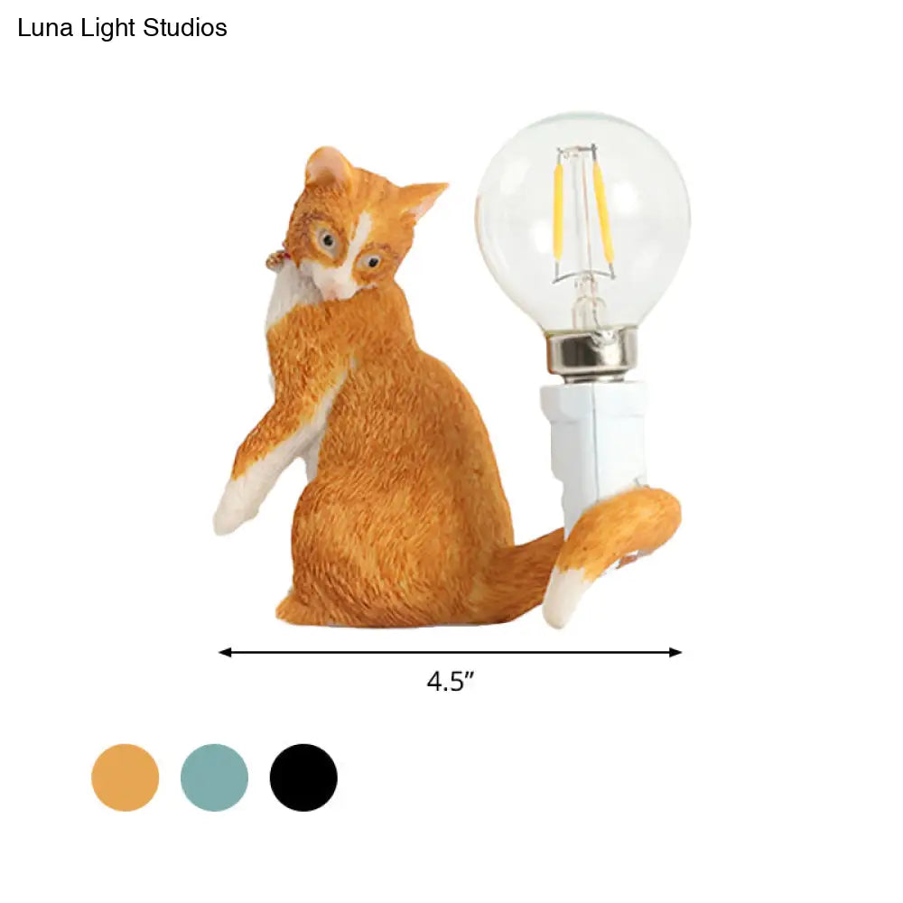 Tabby Cat Table Lamp For Kids - Iron Nightstand Light With Bare Bulb Design Black/Yellow/Blue