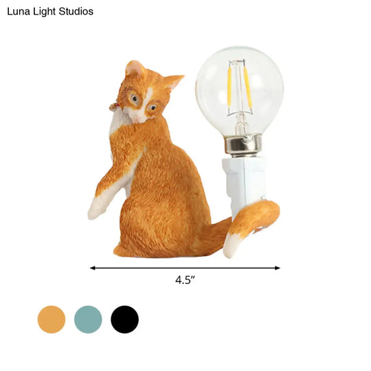 Tabby Cat Table Lamp For Kids - Iron Nightstand Light With Bare Bulb Design Black/Yellow/Blue