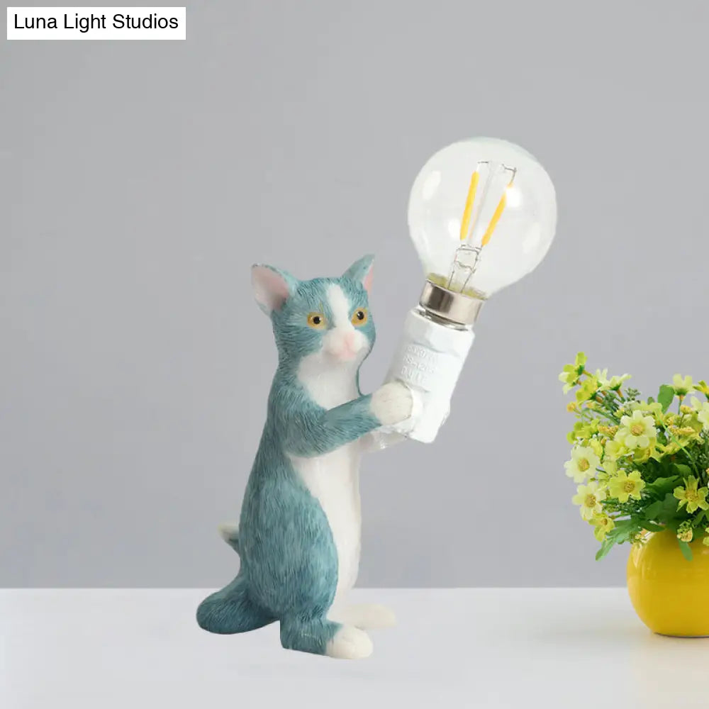 Tabby Cat Table Lamp For Kids - Iron Nightstand Light With Bare Bulb Design Black/Yellow/Blue