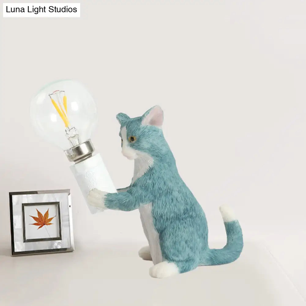 Tabby Cat Table Lamp For Kids - Iron Nightstand Light With Bare Bulb Design Black/Yellow/Blue