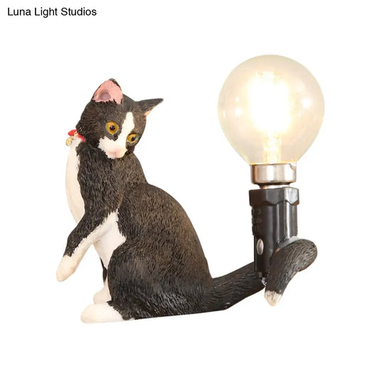 Tabby Cat Table Lamp For Kids - Iron Nightstand Light With Bare Bulb Design Black/Yellow/Blue