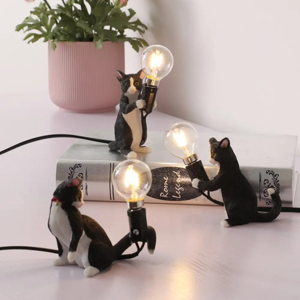 Tabby Cat Table Lamp For Kids - Iron Nightstand Light With Bare Bulb Design Black/Yellow/Blue Black