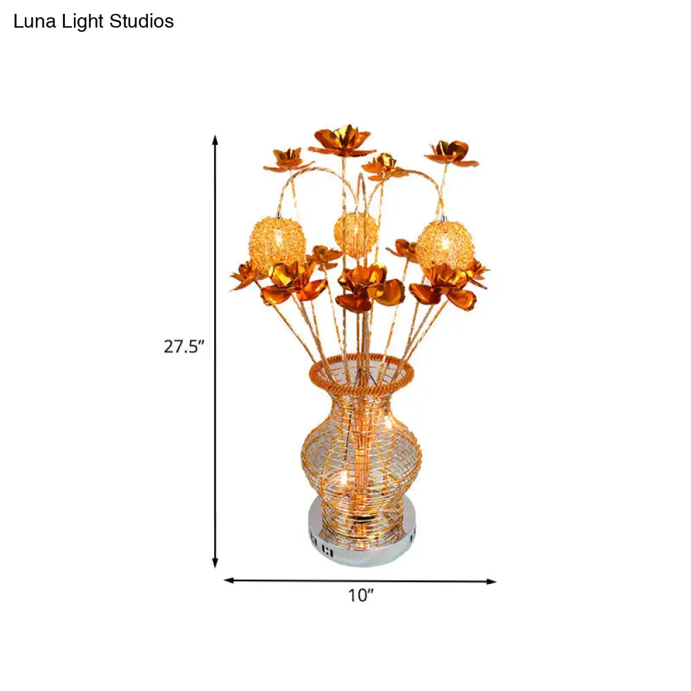 Art Deco Gold Vase And Floret Led Table Lamp: Aluminum Wire Night Lighting For Bedroom