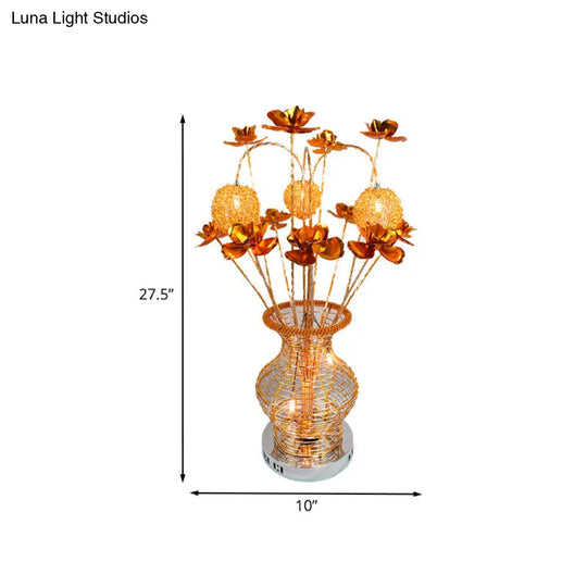 Art Deco Gold Vase And Floret Led Table Lamp: Aluminum Wire Night Lighting For Bedroom