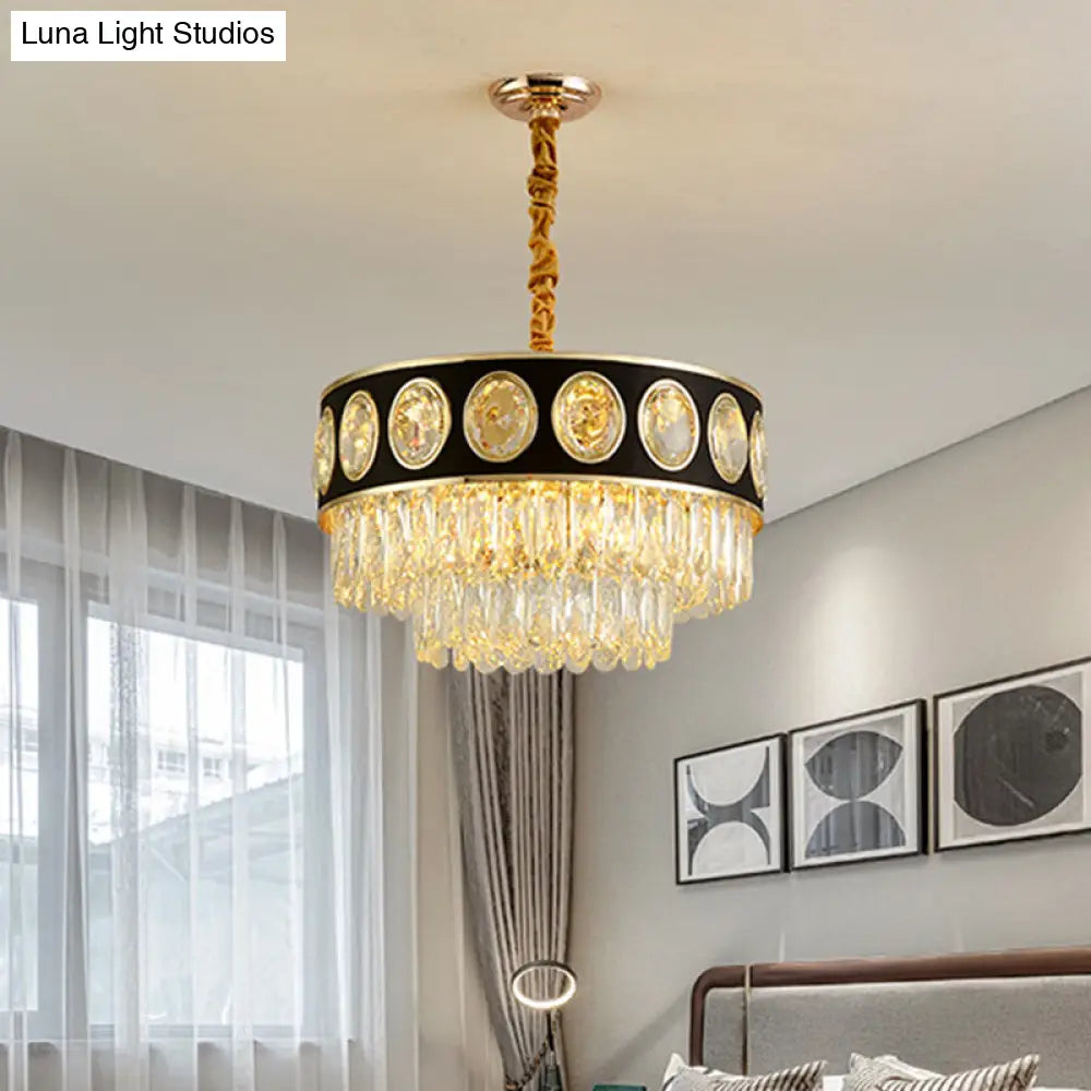 Modern Black Taper Hanging Light Kit With Clear Crystal Drops Chandelier 19.5/23.5 Width / 19.5