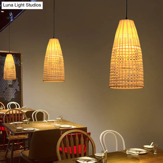 Bamboo Tapered Pendant Light With 1 Bulb For Modern Ceiling Hanging Wood