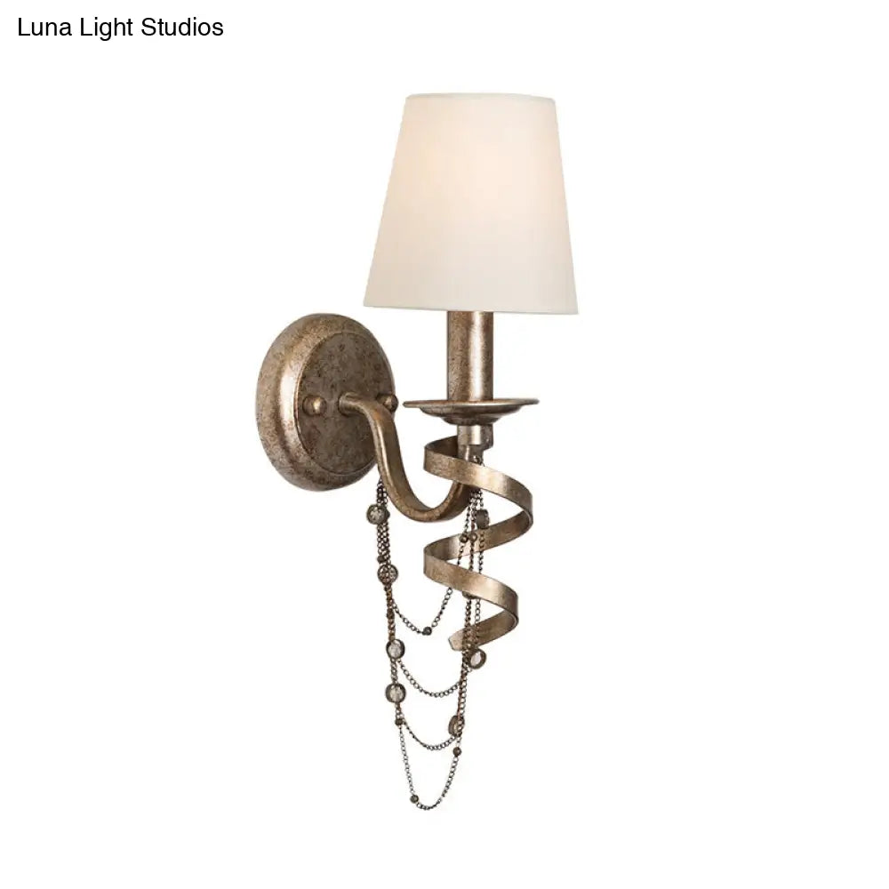 Tapered Bedroom Wall Mount Light: Traditional Fabric 1-Head Lighting Fixture With Crystal Draping In