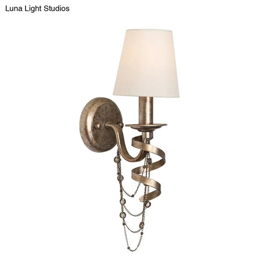 Tapered Bedroom Wall Mount Light: Traditional Fabric 1-Head Lighting Fixture With Crystal Draping In