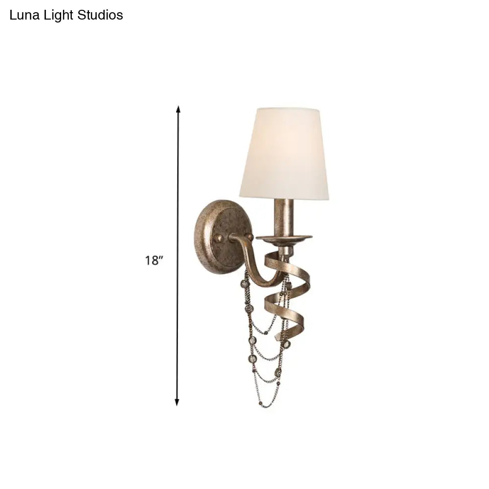 Tapered Bedroom Wall Mount Light: Traditional Fabric 1-Head Lighting Fixture With Crystal Draping In