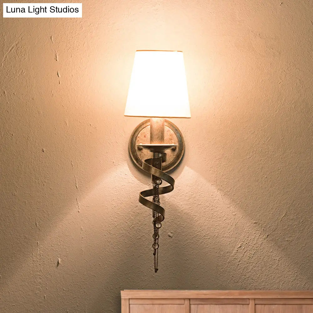 Tapered Bedroom Wall Mount Light: Traditional Fabric 1-Head Lighting Fixture With Crystal Draping In