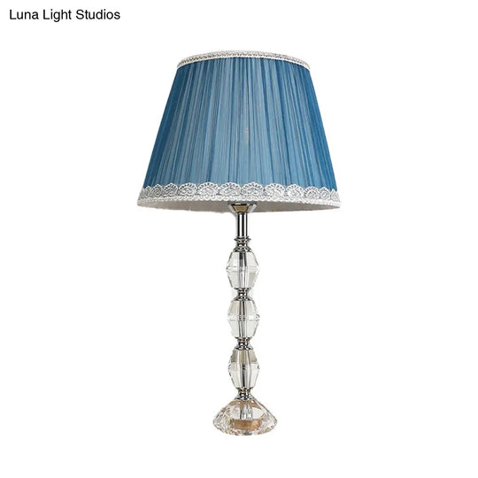 Tapered Blue Night Lamp With Crystal Ball Deco - Traditional Fabric 1 Light Bedroom Table