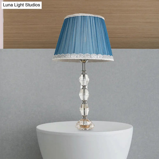 Tapered Blue Night Lamp With Crystal Ball Deco - Traditional Fabric 1 Light Bedroom Table