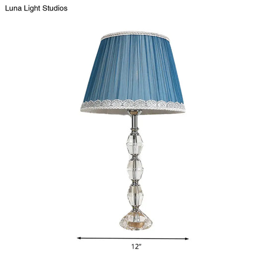 Tapered Blue Night Lamp With Crystal Ball Deco - Traditional Fabric 1 Light Bedroom Table