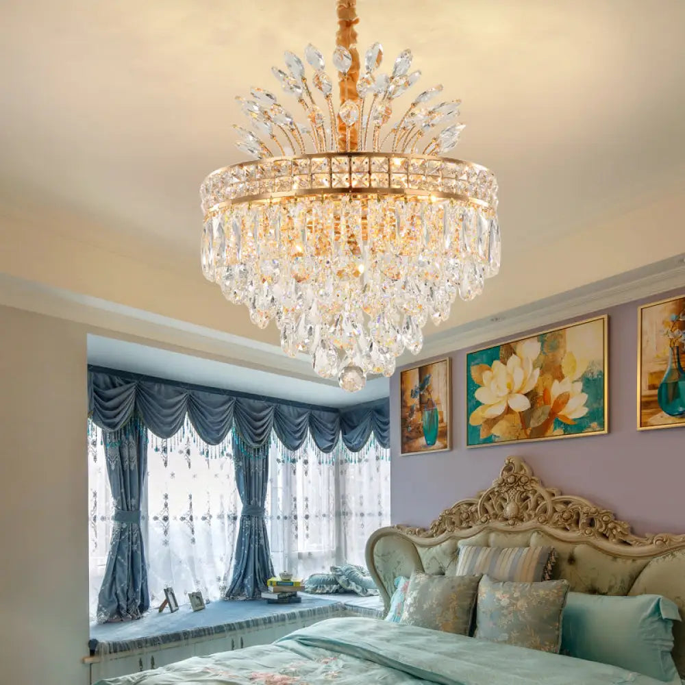 Tapered Chandelier Light With Modern Faceted Crystal 9 Lights Gold Finish – Ideal For Bedroom