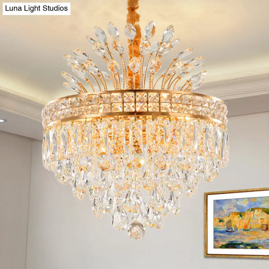 Tapered Chandelier Light With Modern Faceted Crystal 9 Lights Gold Finish – Ideal For Bedroom