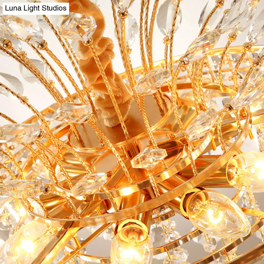 Tapered Chandelier Light With Modern Faceted Crystal 9 Lights Gold Finish – Ideal For Bedroom