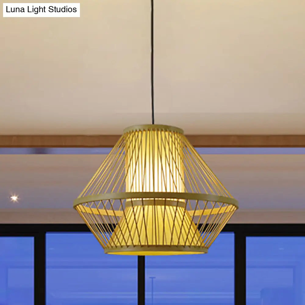 Tapered Chinese Bamboo Pendant Light With 1 Head - Beige Dining Room Lighting Fixture