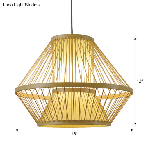 Tapered Chinese Bamboo Pendant Light With 1 Head - Beige Dining Room Lighting Fixture
