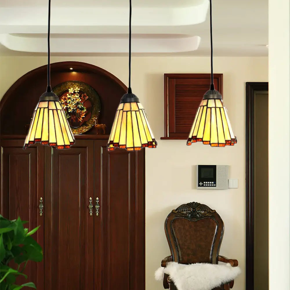 Tapered Cluster Pendant Light - Tiffany-Style Beige Handcrafted Stained Glass Set Of 3 Bulbs