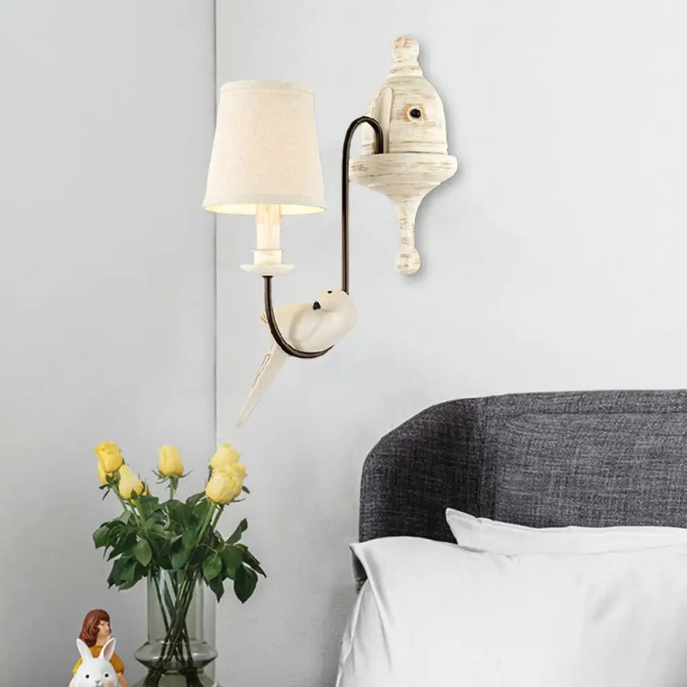 Tapered Country Metal Wall Lamp With Bird Accents - Bedroom Sconce Light Fixture 1 / White