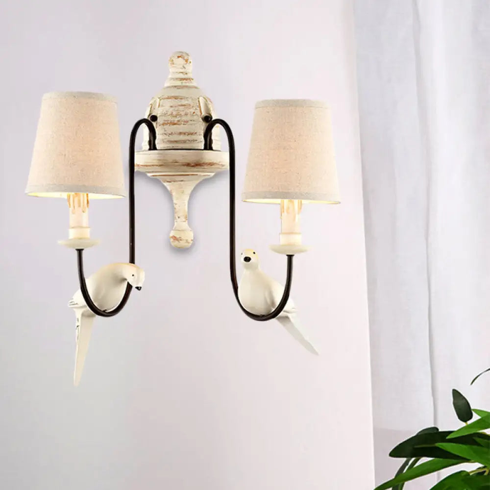 Tapered Country Metal Wall Lamp With Bird Accents - Bedroom Sconce Light Fixture 2 / White