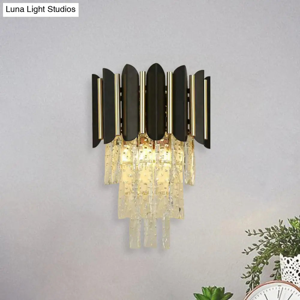 Tapered Crystal Block Bedside Sconce Light: Modern Black Wall Mounted Lighting