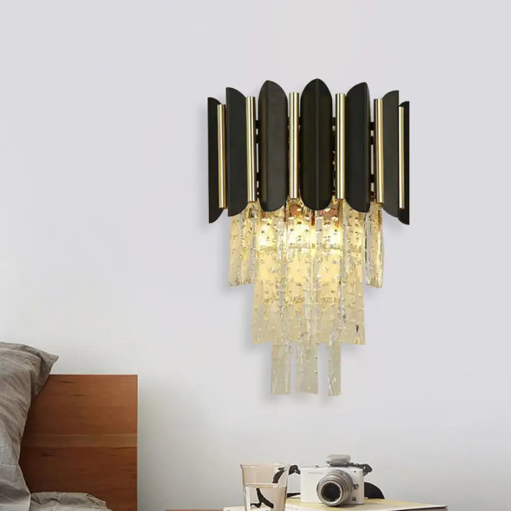 Tapered Crystal Block Bedside Sconce Light: Modern Black Wall Mounted Lighting