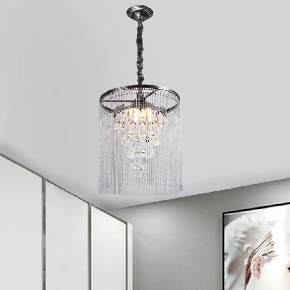 Tapered Crystal Drop Pendant Lamp With Metallic Bead Deco - 1 Light For Dining Room In Silver