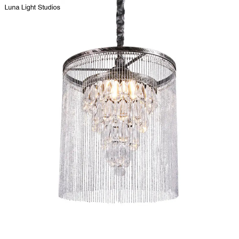 Tapered Crystal Drop Pendant Lamp With Metallic Bead Deco - 1 Light For Dining Room In Silver