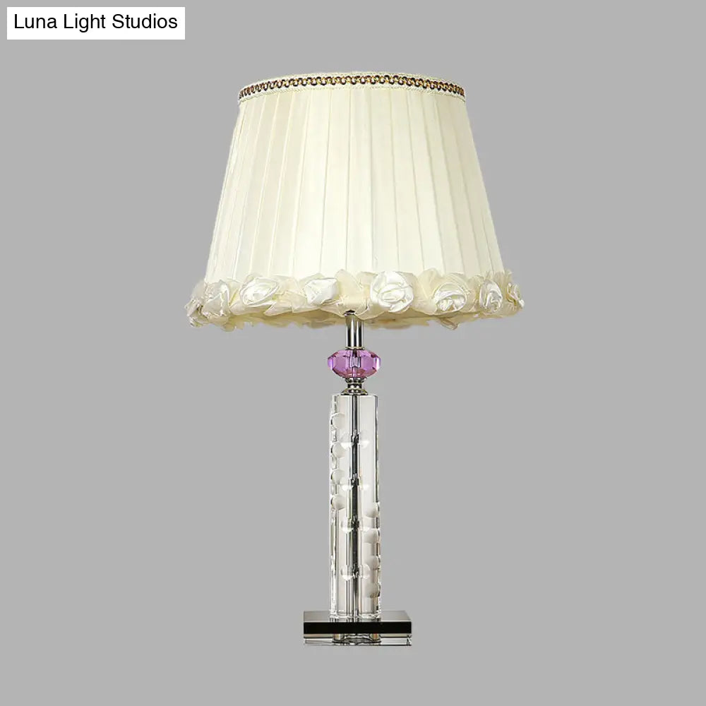 Tapered Crystal Table Lamp: Single Head Bedroom Night Light In White With Braided Trim