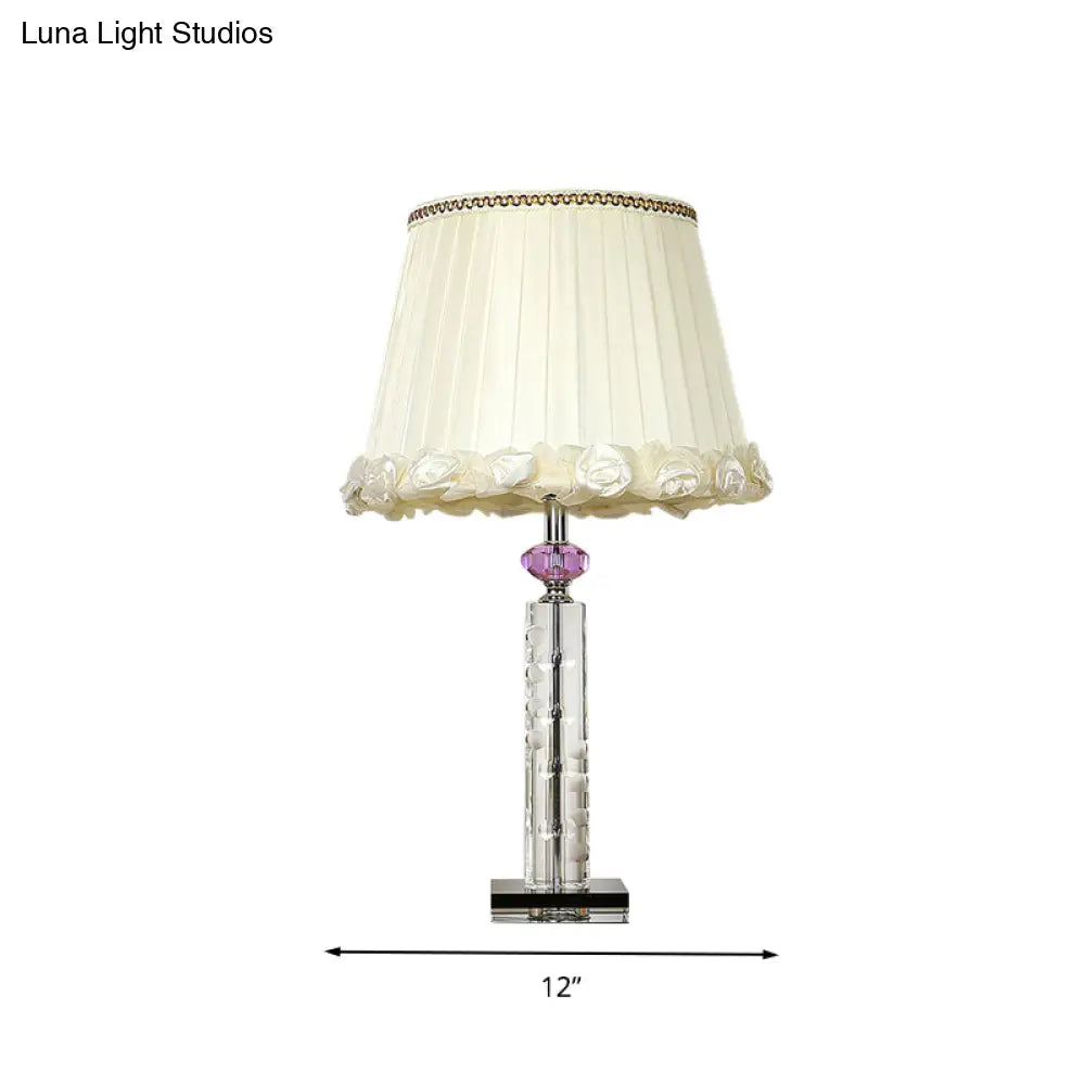 Tapered Crystal Table Lamp: Single Head Bedroom Night Light In White With Braided Trim