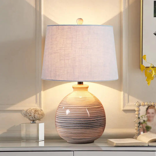 Tapered Drum Artistic Table Lamp - Fabric Shade Ceramic Base White