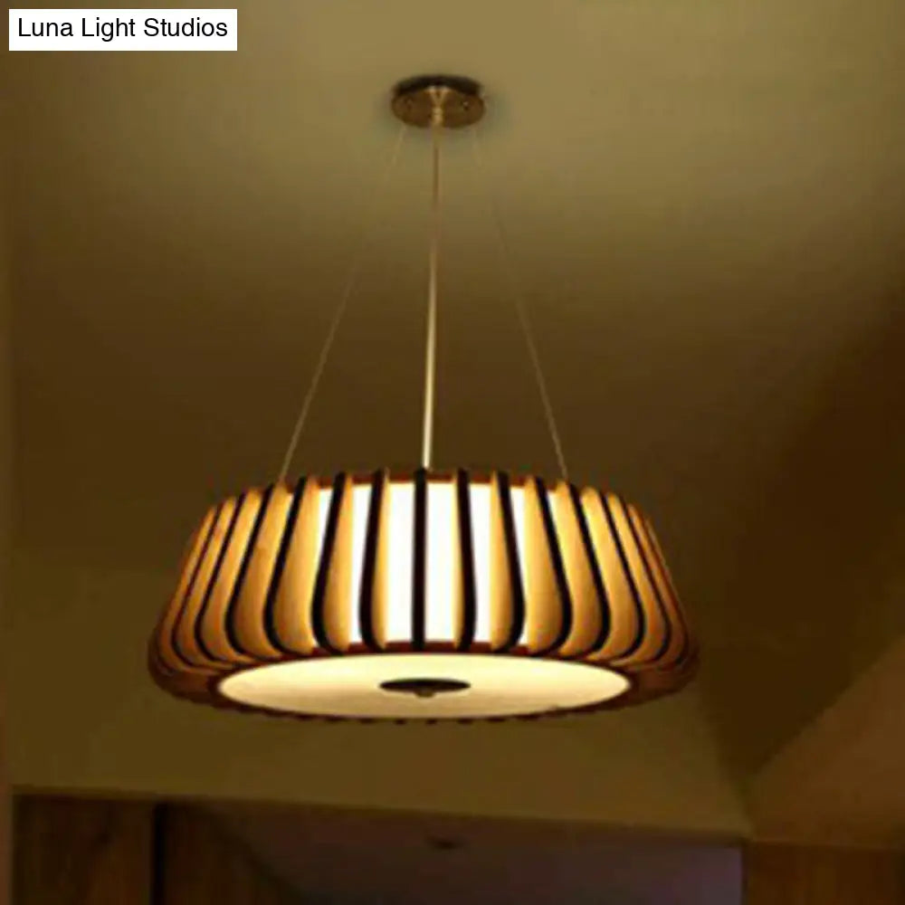 Tapered Drum Chandelier Pendant Light - Contemporary 3 Bulb Wood Hanging For Living Room