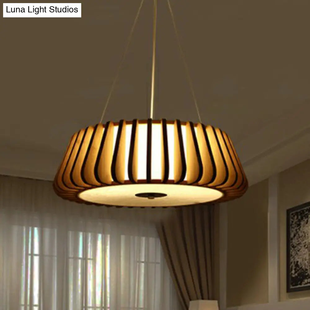 Tapered Drum Chandelier Pendant Light - Contemporary 3 Bulb Wood Hanging For Living Room