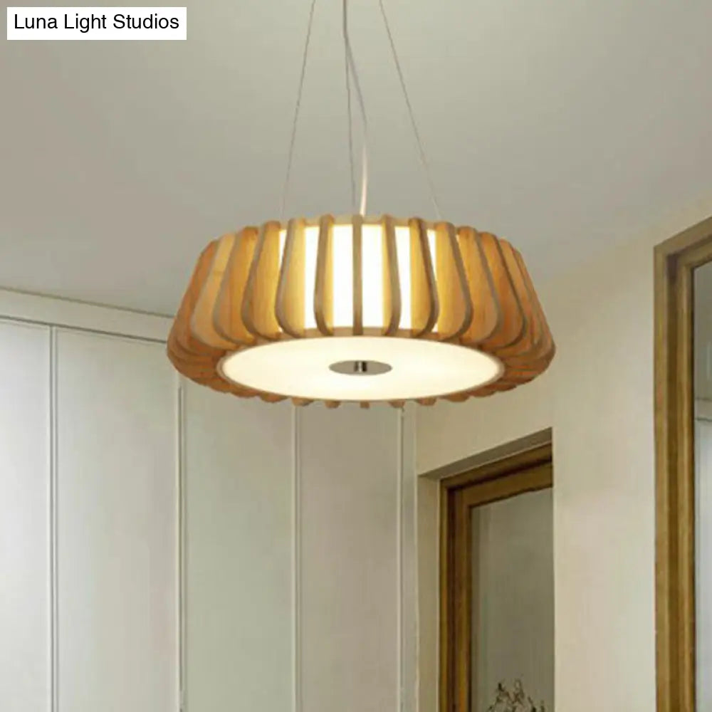 Tapered Drum Chandelier Pendant Light - Contemporary 3 Bulb Wood Hanging For Living Room